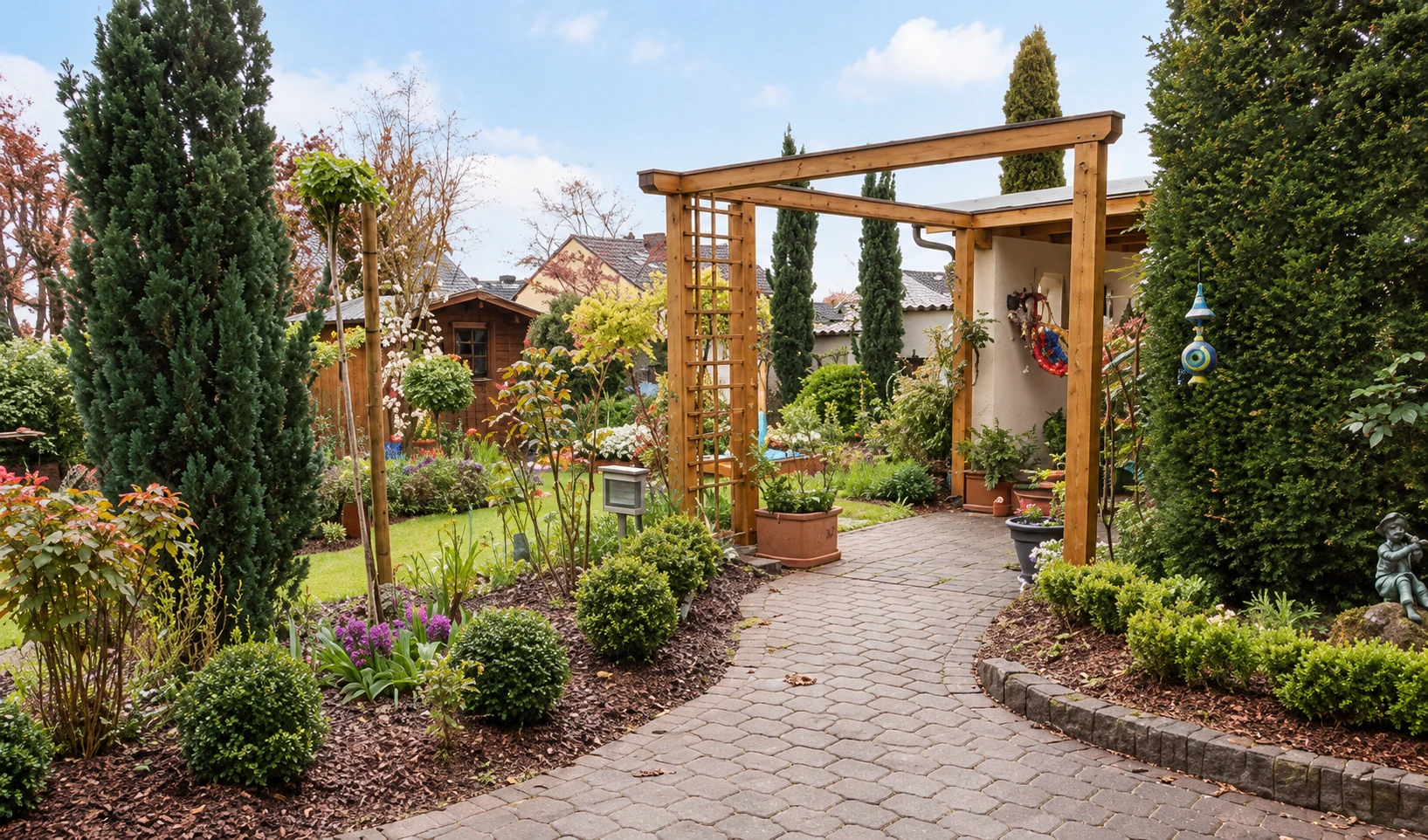 Gartenweg mit Blumen und begrüntem Rankbogen